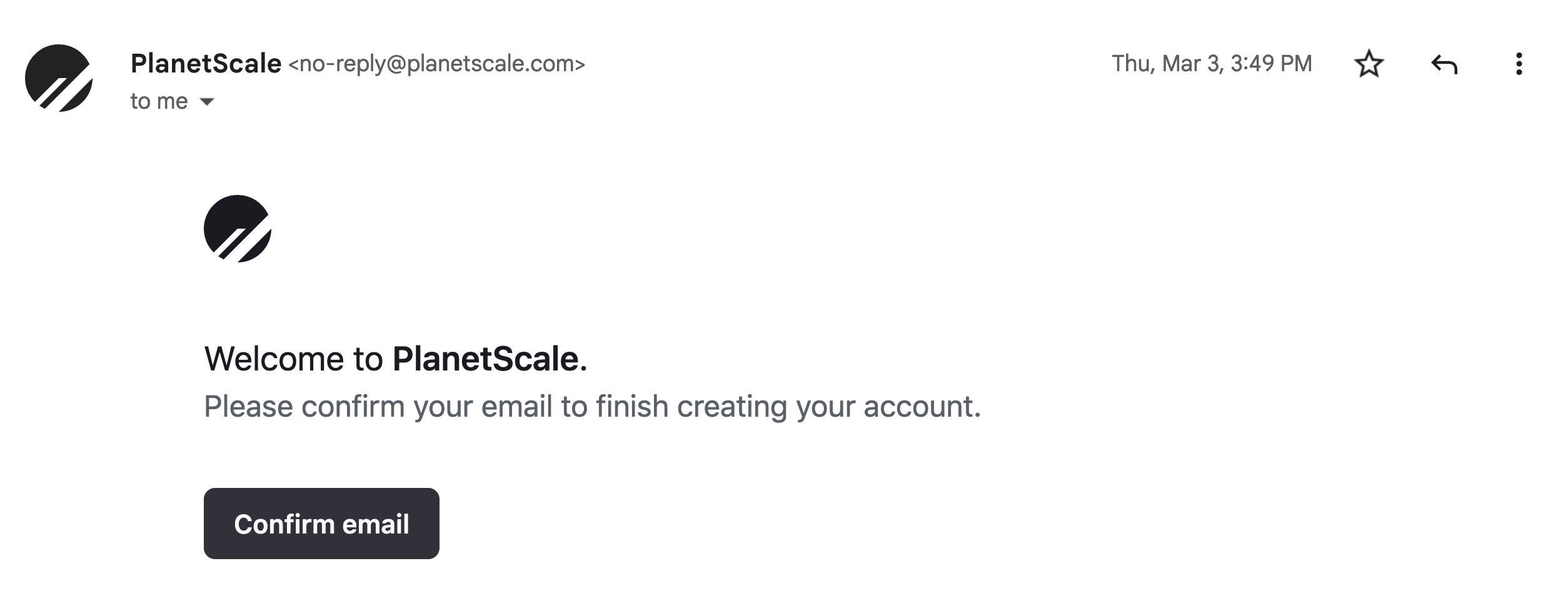 An example of the confirmation email sent by PlanetScale.