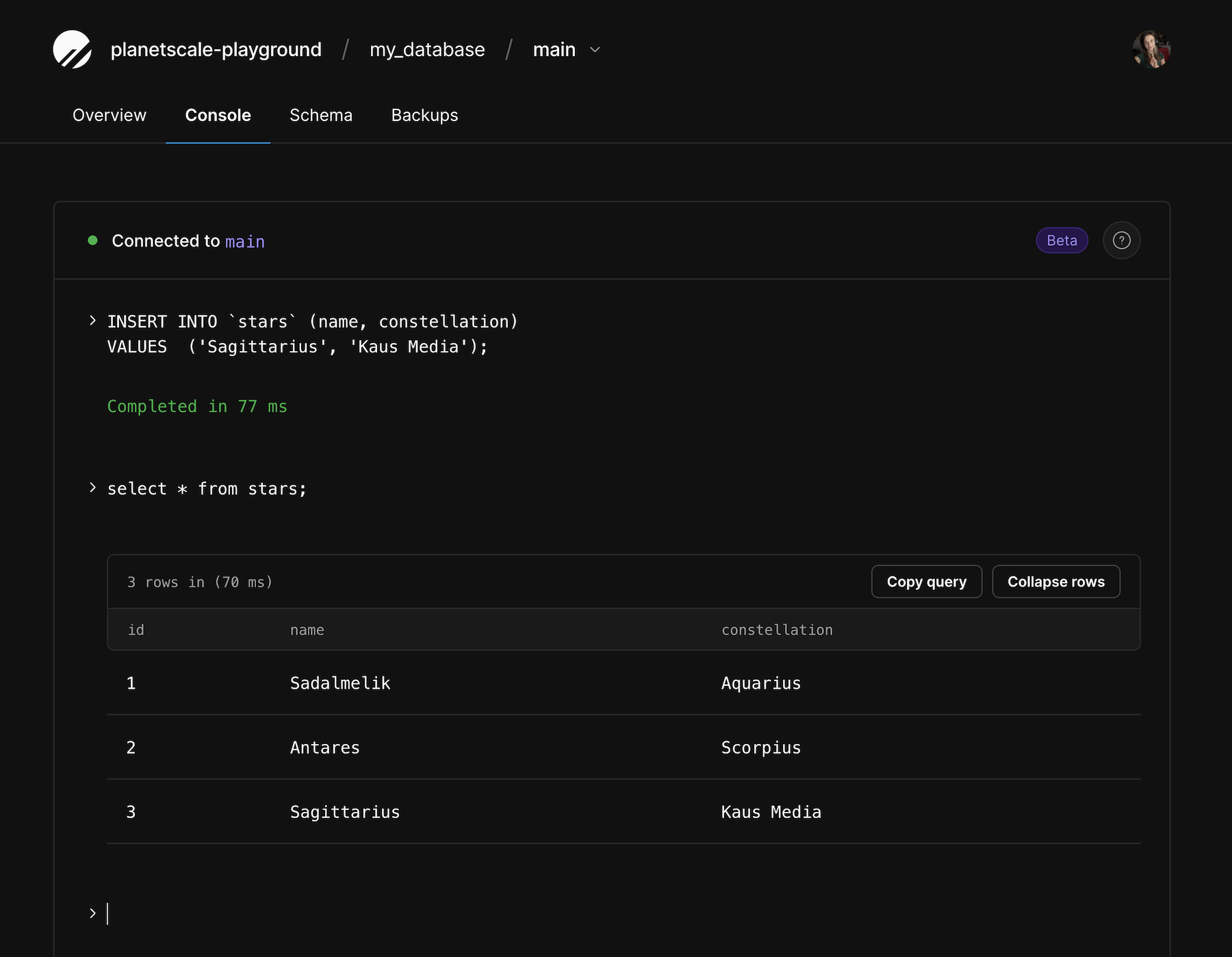 PlanetScale web console