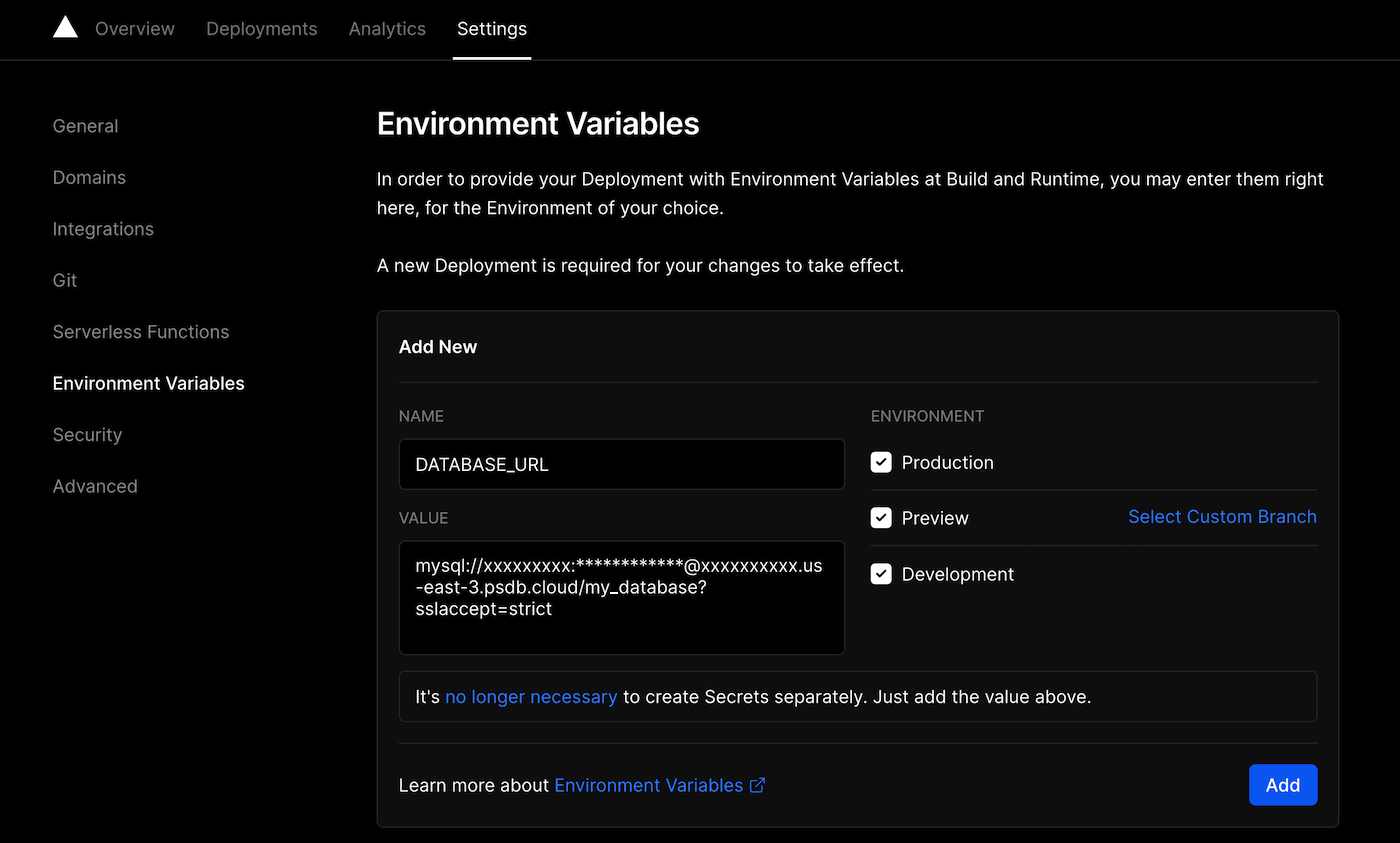 Vercel dashboard - Environment variables