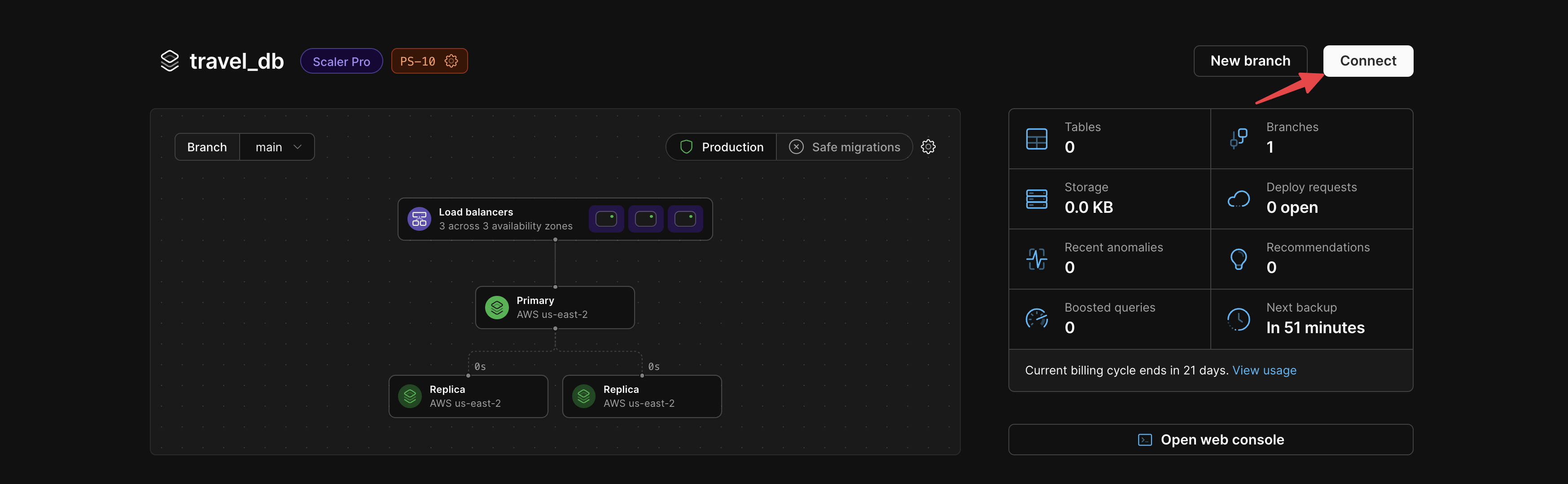 The Connect button in the PlanetScale dashboard.