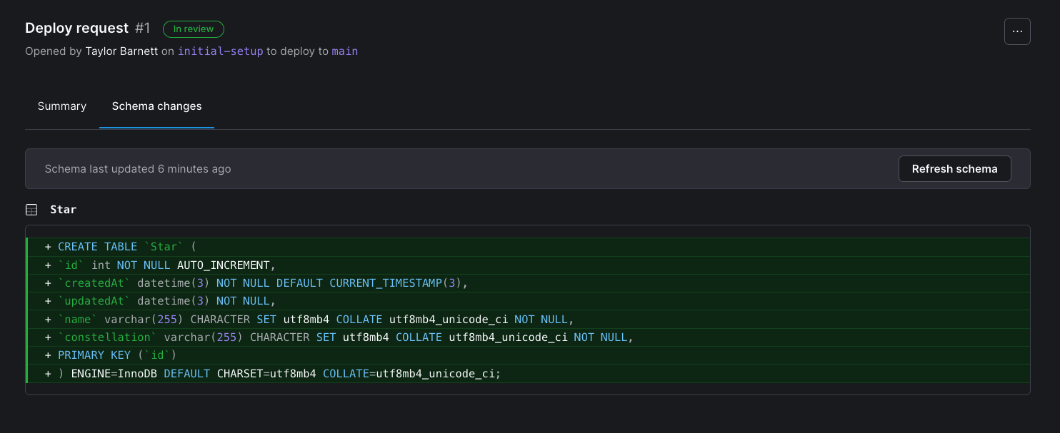 Example of the Star table schema in a deploy request on PlanetScale