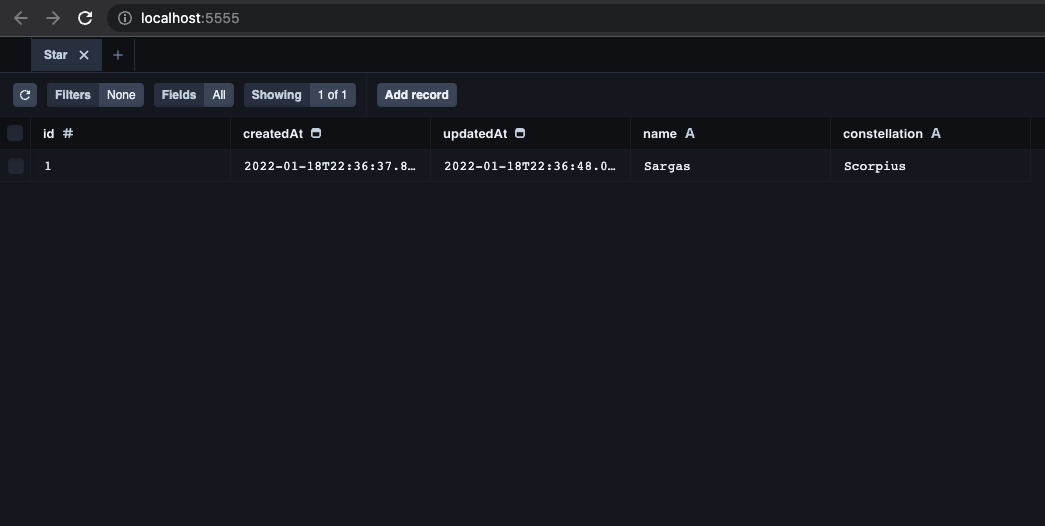 Prisma Studio showing the Star table with one record